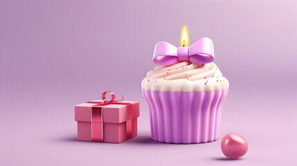 Obraz na płótnie Canvas Cupcake with candle and present box celebration.