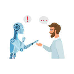 Communication between man and robot, exclamation mark and ellipsis in speech bubbles vector illustration