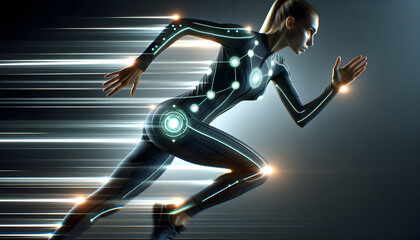 Futuristic smart and intelligent clothing. Modern materials and textiles in sports. - obrazy, fototapety, plakaty