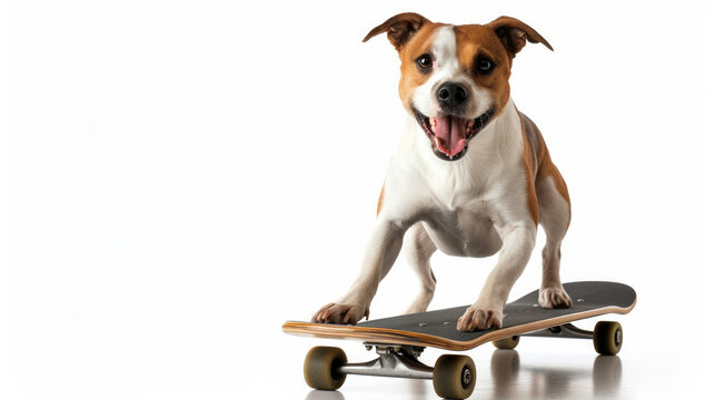 fashionable funny and creative dog in sunglasses on skateboard isolated on white background, active pet. Dog wearing glasses with skateboard