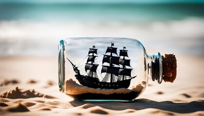 Fototapeta premium Pirate ship inside a glass jar or bottle. black pirate ship inside a glass jar. creative toy or decoration item for display. 