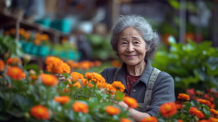 Happy senior asian woman gardening and replanting flowers. spending quality time, lifestyle, domestic life and retirement concept.