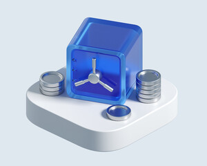 3d icon of blue safe with silver coins. 3d illustration for finance and banking on white background. 3d rendering of safe on square platform