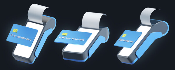 3d icon set of payment terminal. 3d illustration for finance and banking on black background. 3d rendering of banking terminal