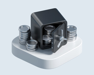 3d icon of black safe with silver coins. 3d illustration for finance and banking on white background. 3d rendering of safe on square platform