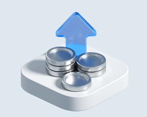 3d icon of silver coins stack with arrow. 3d illustration for finance and banking on white background. Financial concept of growth with minimal stylized objects on square platform