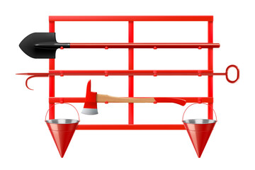 Open-type fire-fighting equipment stand with a tipping sandbox A stand with a fire shovel, a fire bucket, an axe, a fire extinguisher and a fireman's helmet. Realistic 3D vector illustration.