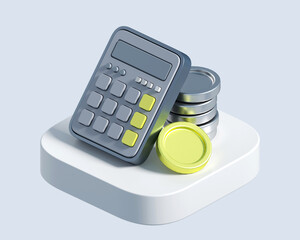 3d icon of calculator with silver coins. 3d illustration for finance and banking on white background. Financial concept with minimal stylized objects on square platform