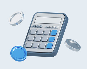 3d icon of calculator with silver coins. 3d illustration for finance and banking on white background. Financial concept with minimal stylized objects 