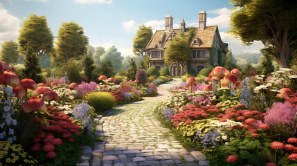 An image of a classic English garden with a winding path lined with a variety of blooming flowers