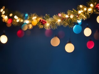 christmas bokeh lights over dark blue background, holiday illumination and decoration concept