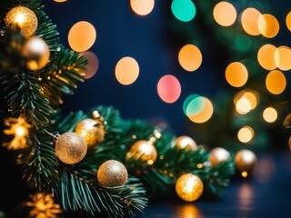 Obraz na płótnie Canvas christmas bokeh lights over dark blue background, holiday illumination and decoration concept