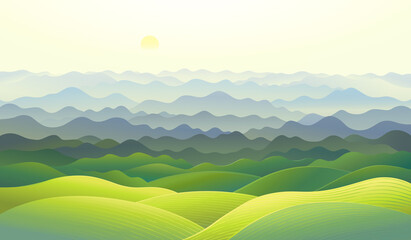 Obraz premium Hilly landscape with a panoramic format of mountain ranges in the fog. Raster illustration.