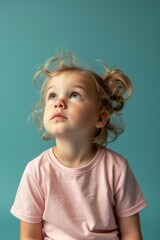 A cute little girl wearing a pink shirt looking upwards. Perfect for capturing innocence and curiosity. Ideal for children's books, educational materials, or parenting blogs