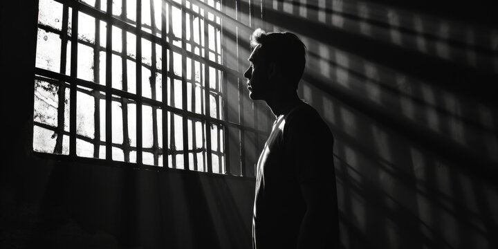 A man is seen standing in front of a window in a jail cell. This image can be used to depict the feeling of confinement or imprisonment