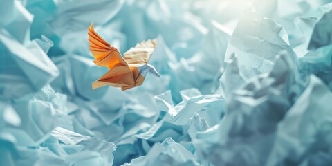 An origami bird is seen gracefully flying through a sea of crumpled paper. This image can be used to symbolize creativity, imagination, or the concept of overcoming obstacles - obrazy, fototapety, plakaty