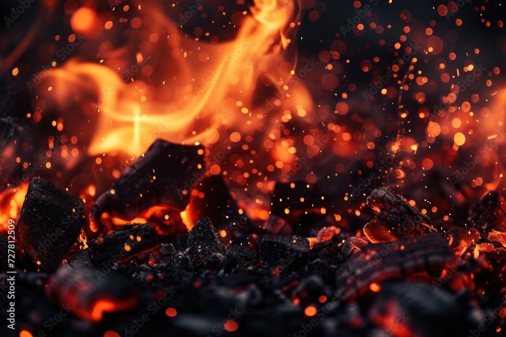 Poster A close-up view of a blazing fire with intense flames. Perfect for adding a touch of warmth and energy to any project