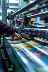 Fototapeta premium A man is seen working on a printing machine in a factory. This image can be used to showcase the process of printing or to represent the manufacturing industry