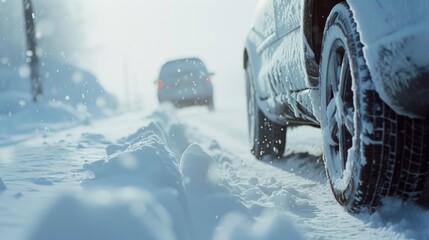 A car driving down a snow-covered road. Ideal for winter travel or scenic road trip concepts