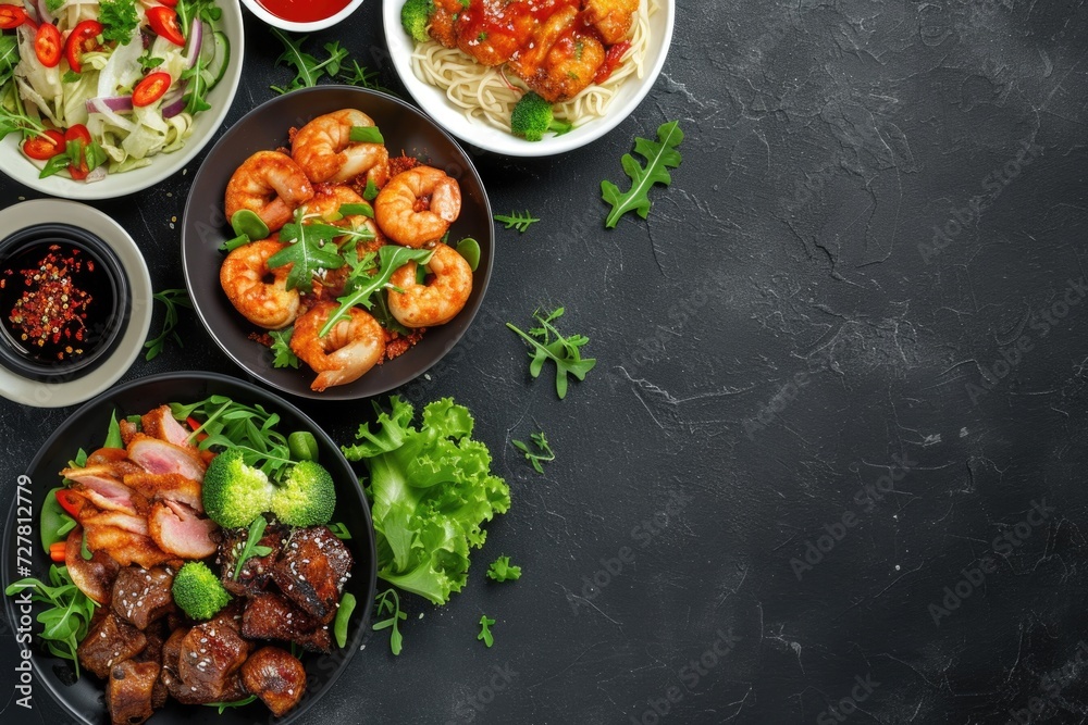 Poster a table with an assortment of food and bowls of sauce. perfect for food-related projects or restaura