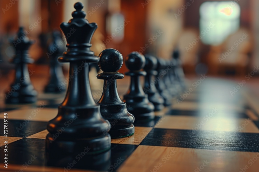 Poster a detailed view of a chess board with numerous pieces. this image can be used to depict strategic pl