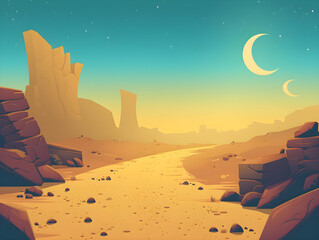 Dusk or Dawn in Stylized Desert Landscape with Smooth Pathway - Warm Toned Scenic View of Expansive Desert and Distant Mesas, Concept of Adventure and Tranquility