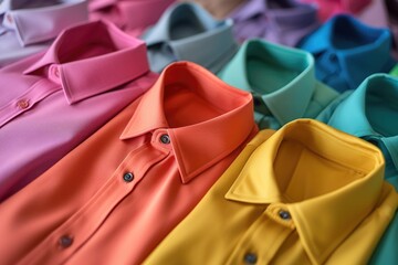 A close-up view of a variety of different colored shirts. This image can be used to showcase a vibrant collection of shirts or to represent diversity in fashion.