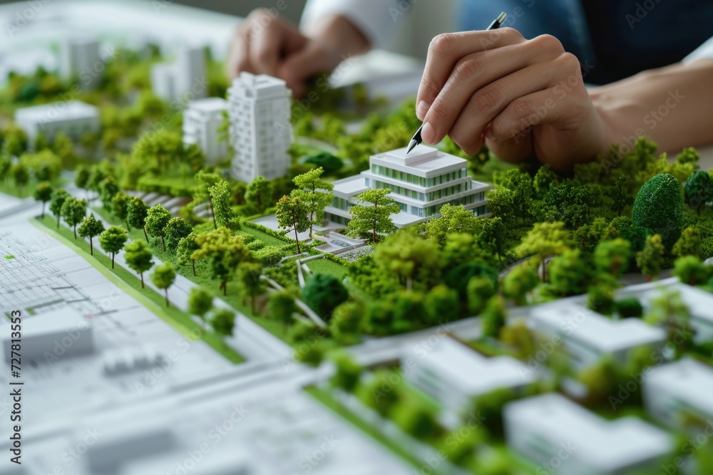 Poster A model of a city featuring trees and buildings. Perfect for architectural designs and urban planning projects