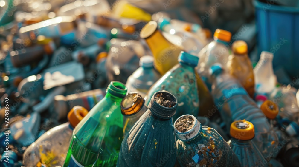 Poster A pile of empty bottles sitting on top of a pile of trash. This image can be used to depict waste, pollution, or environmental issues