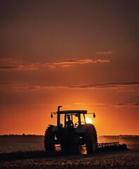Obraz premium silhouette of farmer on tractor fixed with harrow plowing agriculture field soil during dusk and orange sunset 