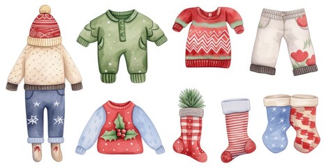 A collection of watercolor illustrations depicting various winter clothes and socks. Ideal for winter-themed designs and fashion-related projects