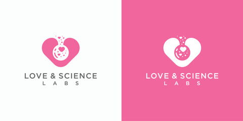 Fototapeta na wymiar Vector logo design illustration of a love symbol and a laboratory bottle inside with a splash of love bubbles.