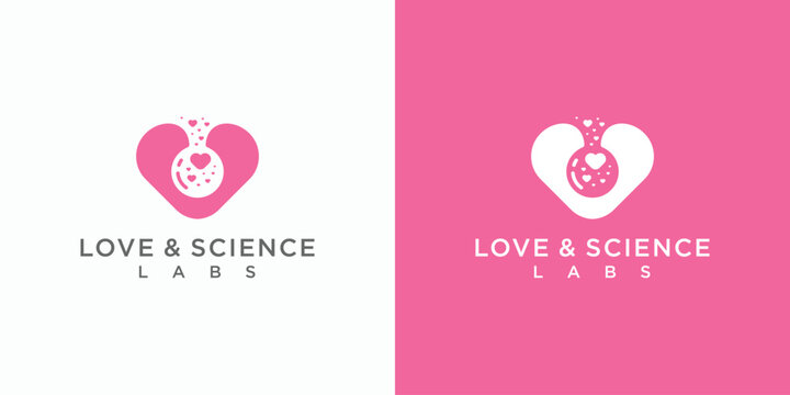 Vector logo design illustration of a love symbol and a laboratory bottle inside with a splash of love bubbles.