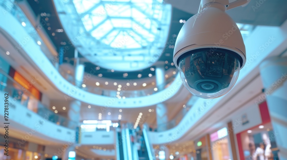Poster A surveillance camera inside a shopping mall. Can be used for security and monitoring purposes