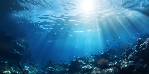 Underwater view of coral reef with fishes and rays of light. - obrazy, fototapety, plakaty