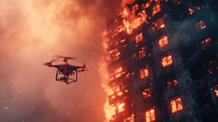 Crédence de cuisine en verre imprimé Brique A helicopter is seen flying in front of a tall building. This image can be used to depict urban landscapes, transportation, or aerial views