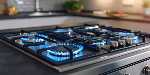 A gas stove with blue flames, perfect for cooking in the kitchen
