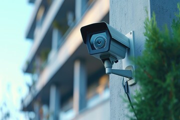 A security camera attached to the side of a building. Can be used for surveillance and monitoring purposes