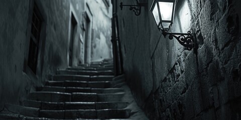 A black and white photo capturing the essence of a narrow alleyway