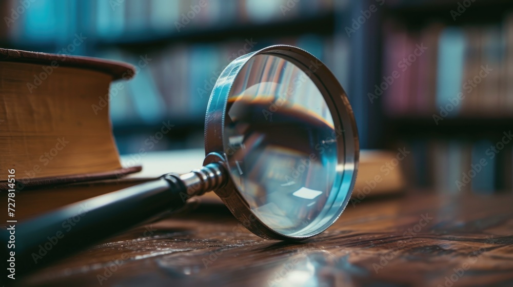 Poster A close-up view of a magnifying glass placed on a wooden table. This versatile image can be used for various purposes