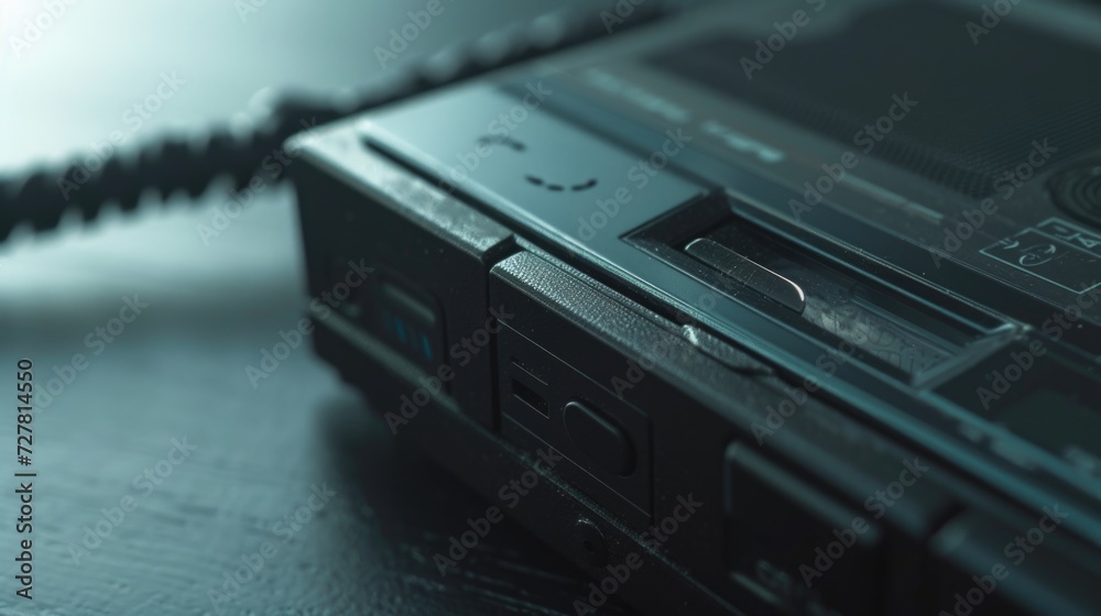 Poster a detailed shot of a radio placed on a table. suitable for various applications
