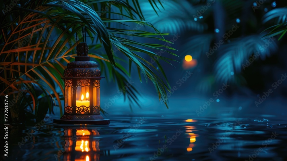 Poster a lit lantern sitting in the middle of a pool. can be used for decorative purposes or to create a se
