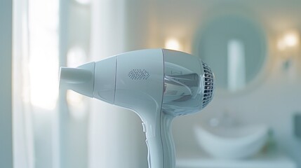 A white blow dryer is sitting on top of a counter. This image can be used for beauty salons, hair care products, or personal grooming articles