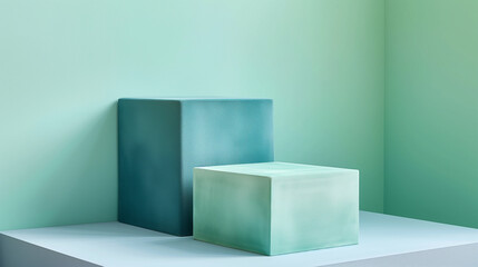 Podium two boxes in blue against a light green background,  cube podium with blue frame placed against green wall background. Abstract minimal studio 3d geometric shape object. Mockup spaced