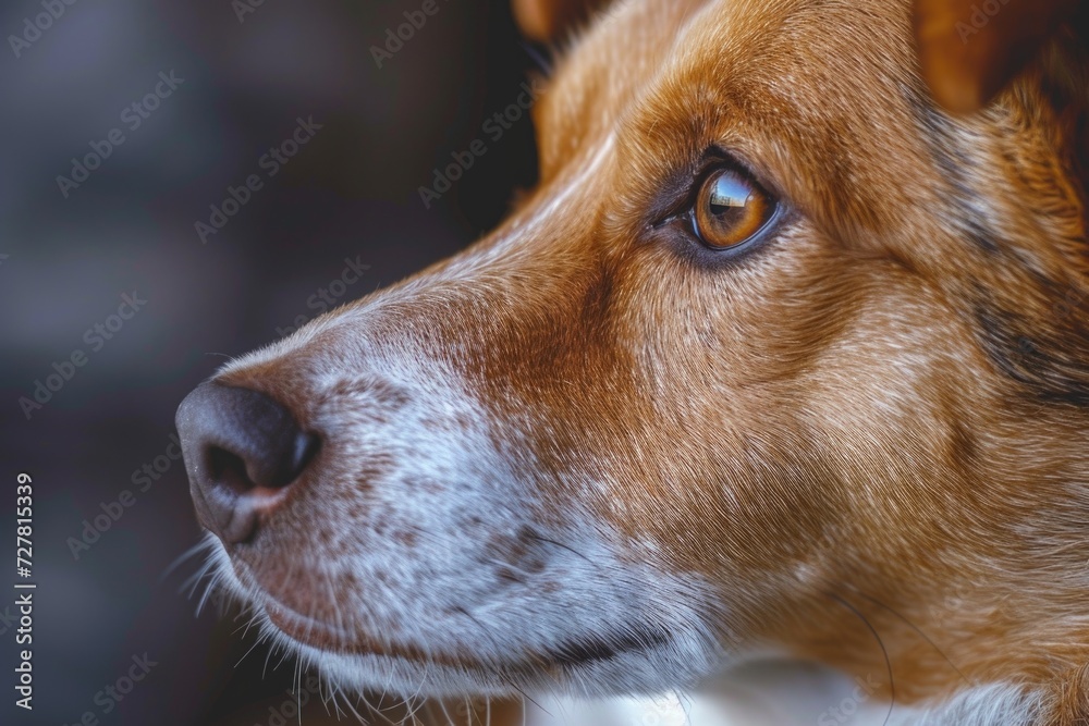 Poster a close-up photograph of a dog's face with a blurry background. suitable for various uses