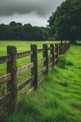 A picture of a wooden fence standing in the middle of a grassy field. This image can be used to represent nature, rural landscapes, or property boundaries
