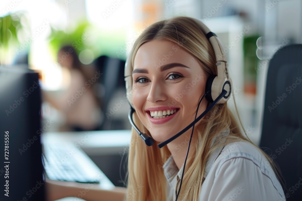 Aufkleber a woman wearing a headset sits in front of a computer. this image can be used to depict a call cente