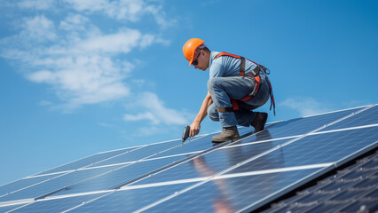 Fototapeta na wymiar Harnessing the Sun: Technician Installing Solar Panels