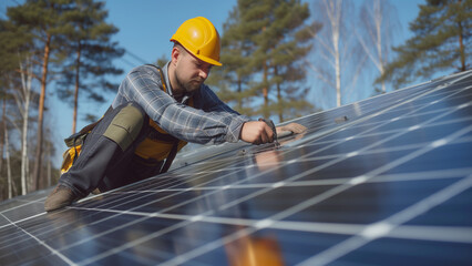 Harnessing the Sun: Technician Installing Solar Panels