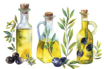 A vibrant painting showcasing olives and olive oil. This artwork captures the beauty and essence of these Mediterranean ingredients.